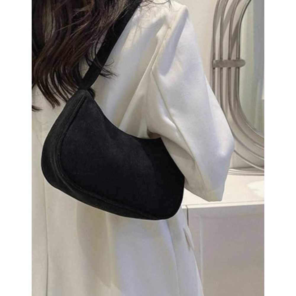 Corduroy Baguette Shoulder Bag Black Retro Zip Purse Y2K Indie Minimalist Boho - Picture 4 of 5